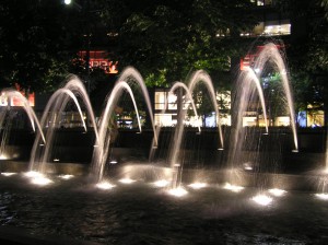Jing Running through the Columbus Circle fountains